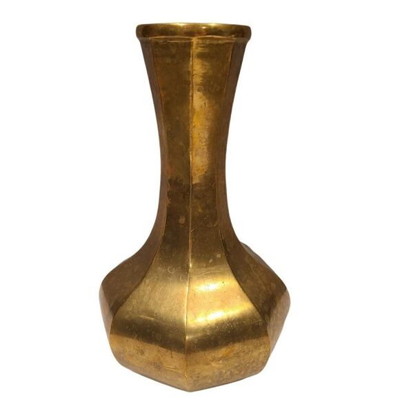 Solid Brass Vintage 8.25"x 4.5" Octagon Shape Bud Vase Boho Style Patina EUC - Picture 1 of 10